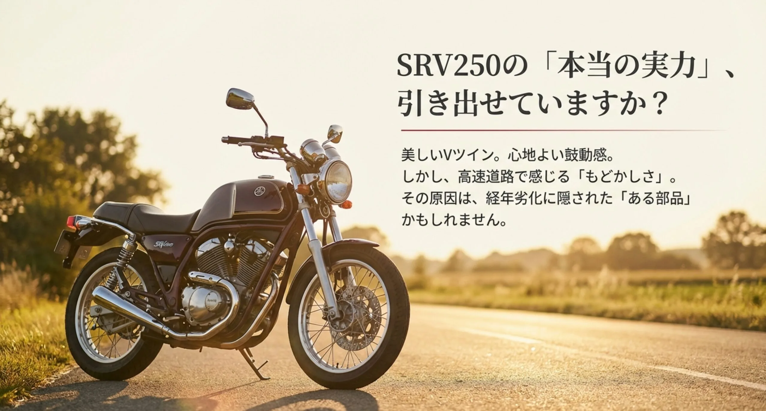 SRV250に搭載されたVツインエンジンの外観。27PSのスペックと低速トルク・高回転の伸びを両立した特性を示す解説図 。