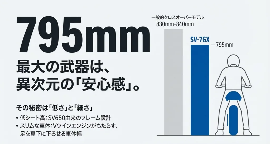 SV-7GXのシート高795mmと、一般的クロスオーバーモデルの830mm〜840mmを比較し、その低さを強調した棒グラフ。