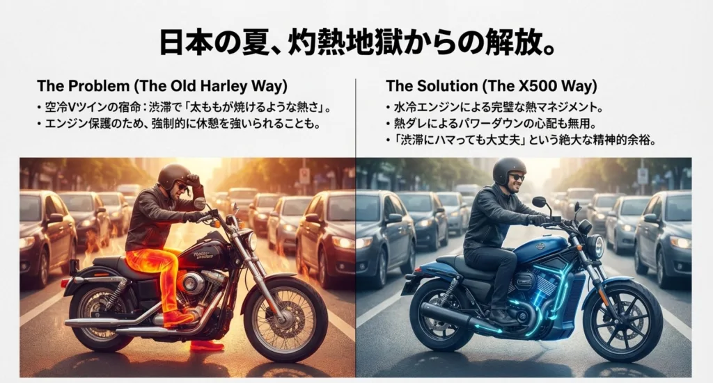 300kg超の従来モデルに対し、208kgと軽量なX500を天秤にかけたイラスト