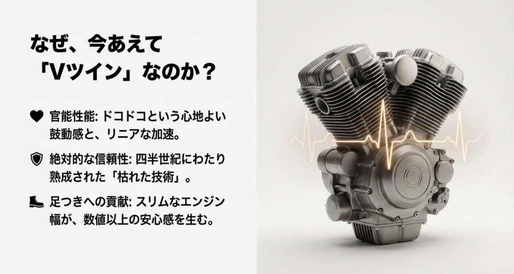 V型2気筒エンジンの外観写真に加え、鼓動感、信頼性、スリムな車体幅への貢献について解説したスライド。