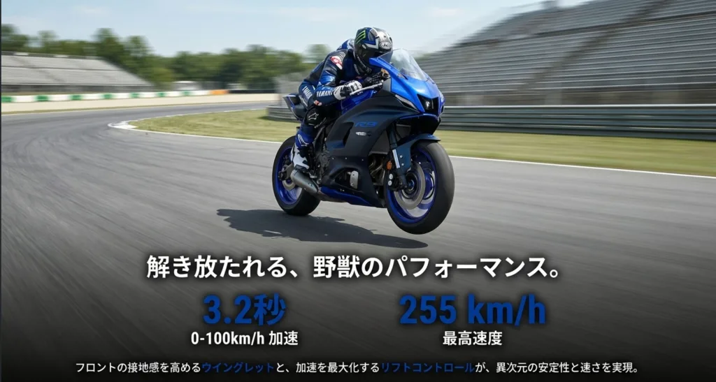 サーキットを走行するYZF-R9。0-100km/h加速3.2秒、最高速度255km/hというパフォーマンスデータと、ウイングレットによる接地感向上についての解説。6. 見出し「MT-09やYZF-R6との違いを比較」セクション