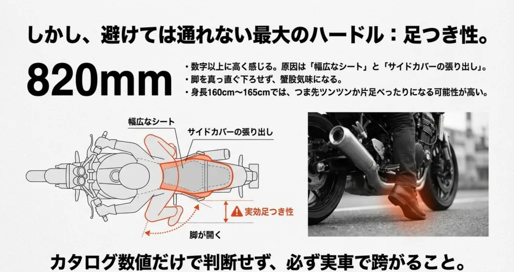幅広なシートとサイドカバーの張り出しにより、脚が開いて足つきが悪くなる仕組みの解説図