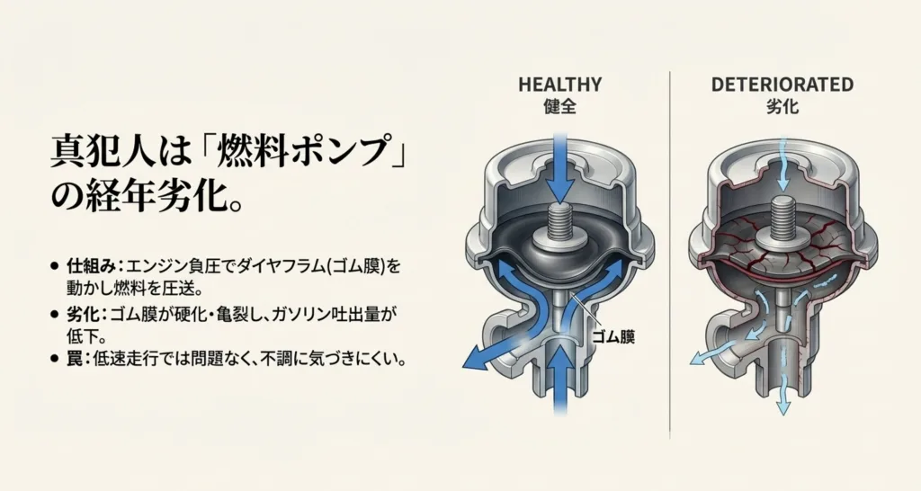 スパークプラグ、バッテリー、ライダーへの風圧を示すイラスト。高負荷走行に必要な高熱価プラグ(CR8HSA)やバッテリー電圧の重要性を解説 。