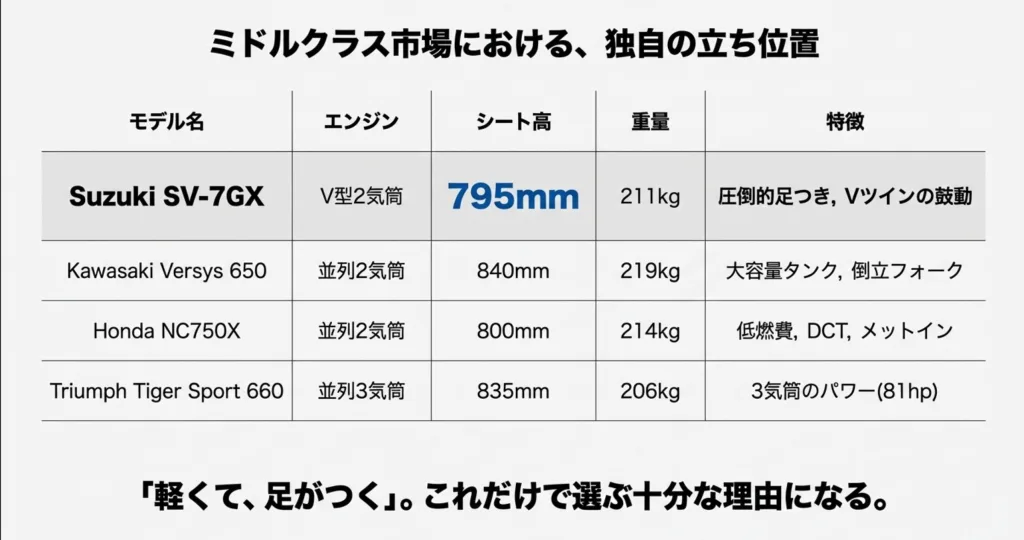 SV-7GX、Kawasaki Versys 650、Honda NC750X、Triumph Tiger Sport 660のエンジンスペックやシート高を比較した表。