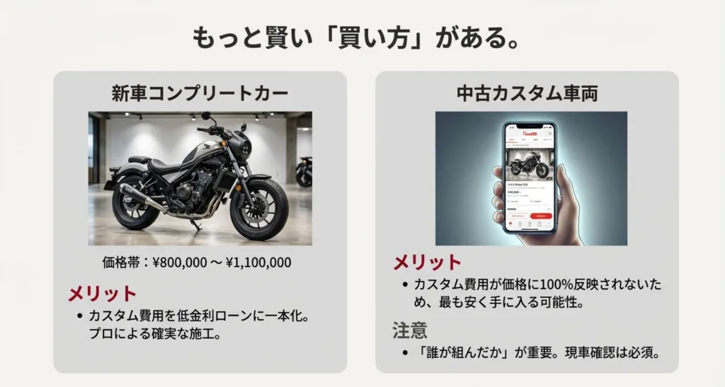 新車コンプリートカー（80万〜110万円）のローンメリットと、中古カスタム車を安く手に入れる際の注意点の比較。