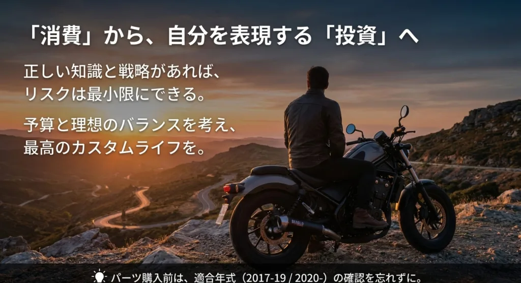 適合年式（2017-19/2020-）の確認を促すメッセージと、カスタムを投資と捉える考え方のまとめスライド。
