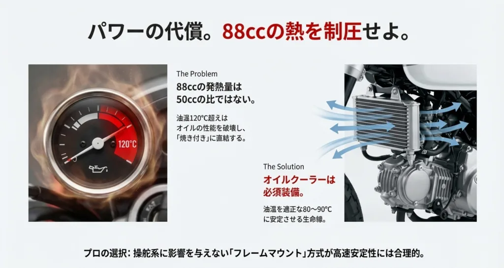 油温計が120度を超えている警告と、走行風で冷却するオイルクーラーの図。油温を80〜90度に安定させる重要性を説明。