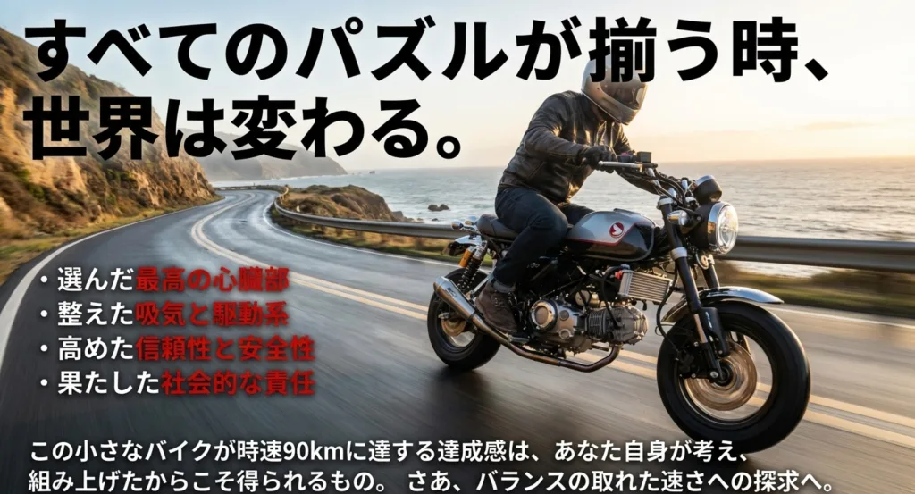 心臓部、吸気・駆動、信頼性、社会的責任のすべてが揃い、時速90kmに達する達成感を表現したスライド。