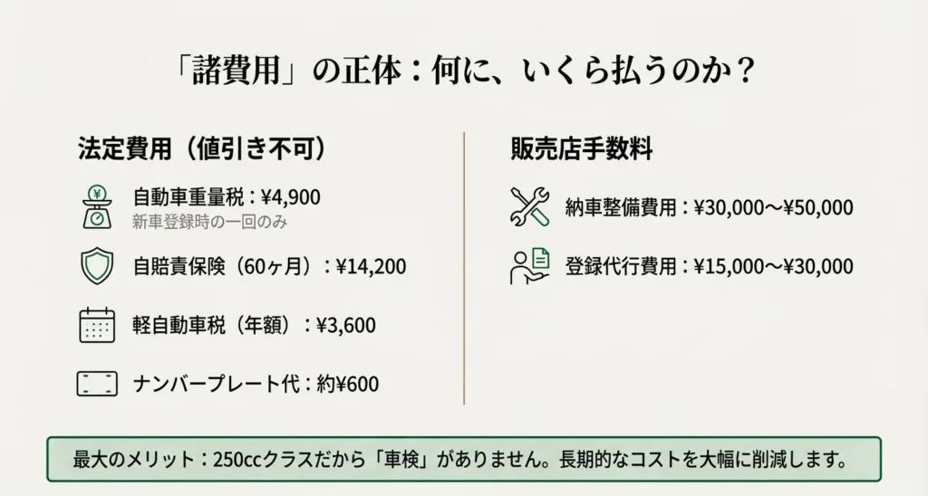 重量税4,900円、自賠責14,200円などの法定費用と、納車整備費用や登録代行費用の相場をリスト化した詳細スライド。250ccクラスは車検がないメリットも強調されている。