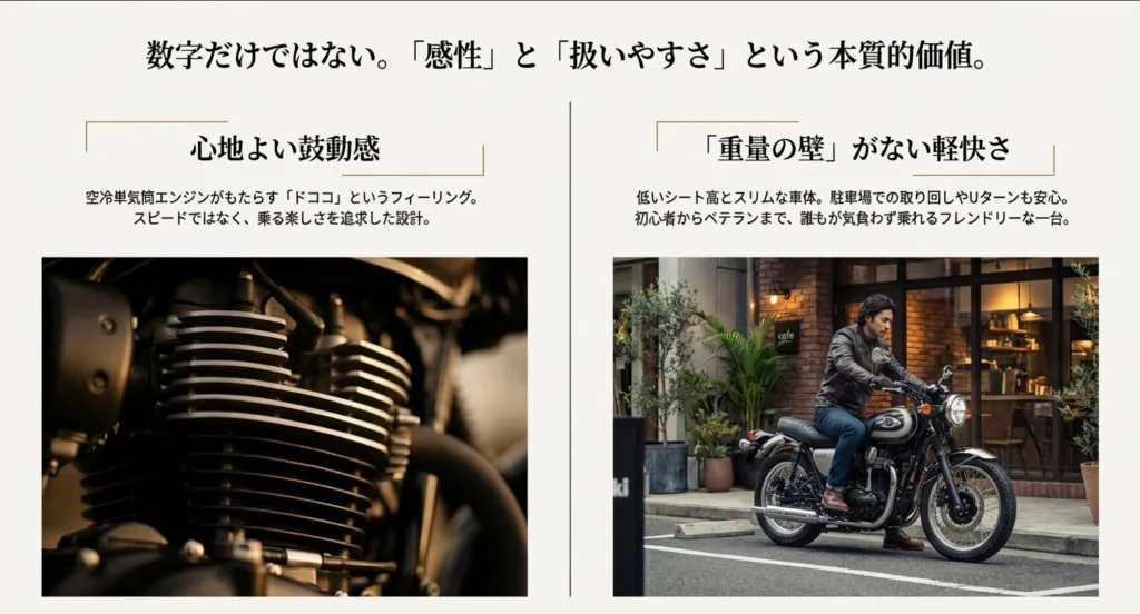 空冷単気筒エンジンのアップ画像と、ライダーが街中で軽快に走行している様子の写真。鼓動感のある走りと、低いシート高による取り回しの良さを説明している。