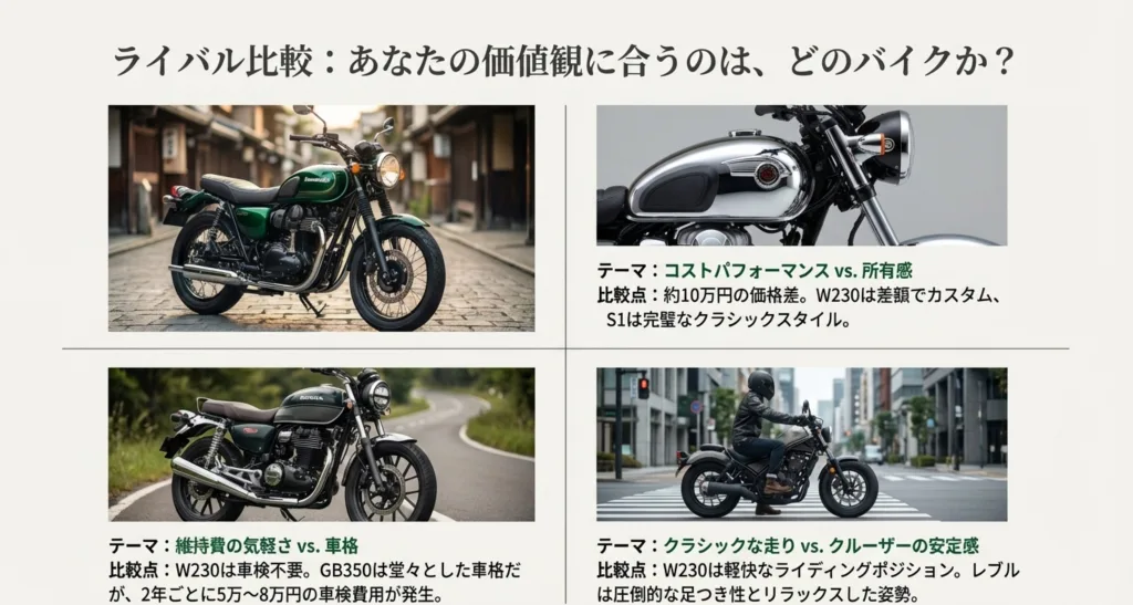 メグロS1との価格差、GB350との車検の有無、レブル250とのポジションの違いなど、購入時に迷いやすいライバル3車種とW230の比較をまとめた画像。