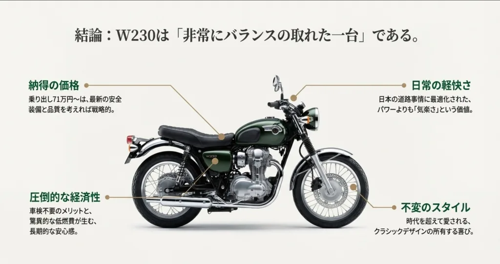 W230のサイドビュー画像に、「納得の価格」「圧倒的な経済性」「日常の軽快さ」「不変のスタイル」の4つのメリットをラベル付けして解説した結論スライド。