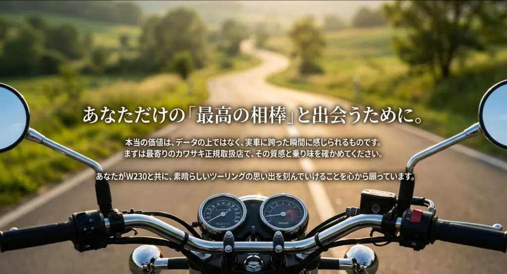 「本当の価値は実車に跨った瞬間に感じられるもの」というメッセージと共に、最寄りのカワサキ正規取扱店への来店を促すエンディングスライド。