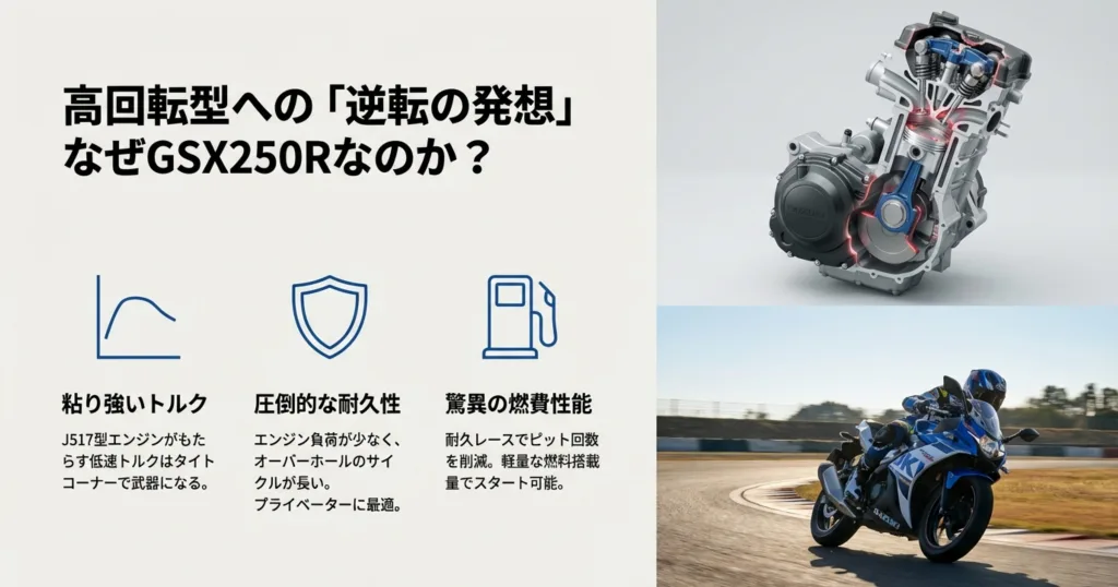 J517型エンジンのカットモデル図と、粘り強いトルク、圧倒的な耐久性、驚異の燃費性能といった競技的なメリットを解説したスライド。