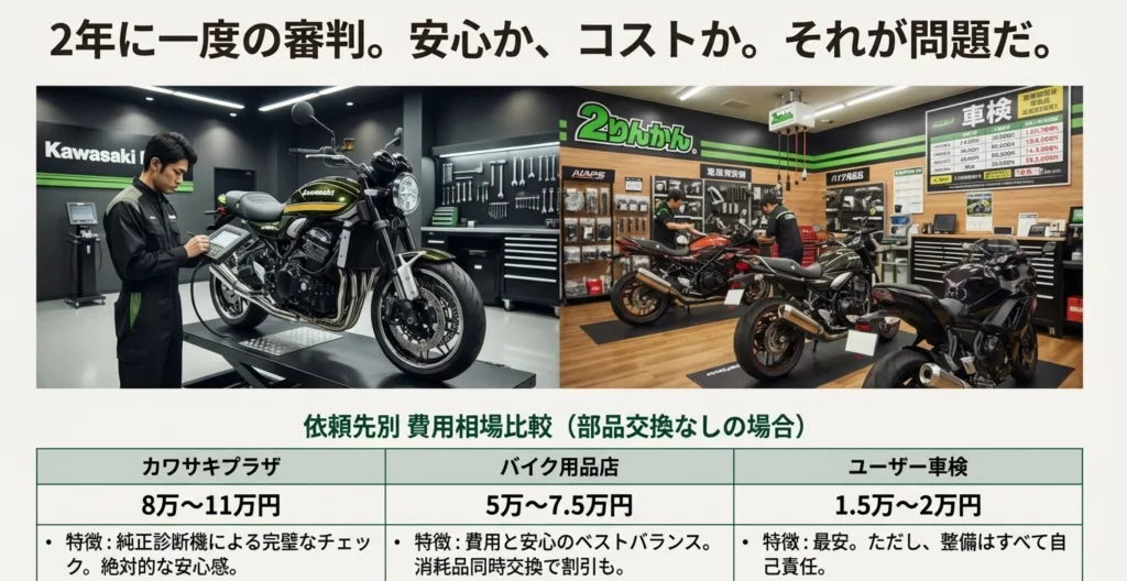 カワサキプラザ、用品店、ユーザー車検の費用と特徴の比較表。