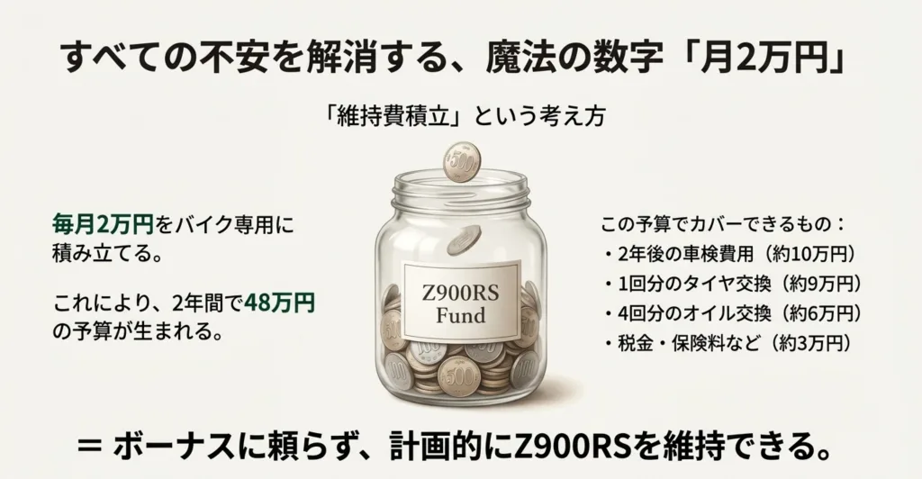 毎月2万円を積み立てることで車検、タイヤ、オイル等の維持費をカバーする計画。