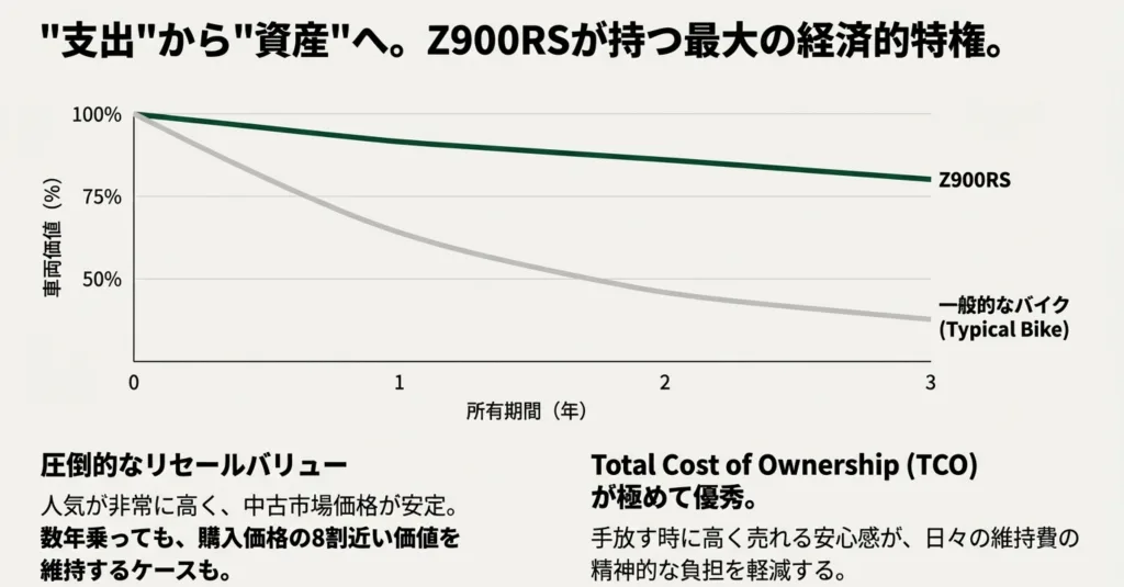 一般的なバイクと比較したZ900RSの圧倒的な車両価値維持率のグラフ。