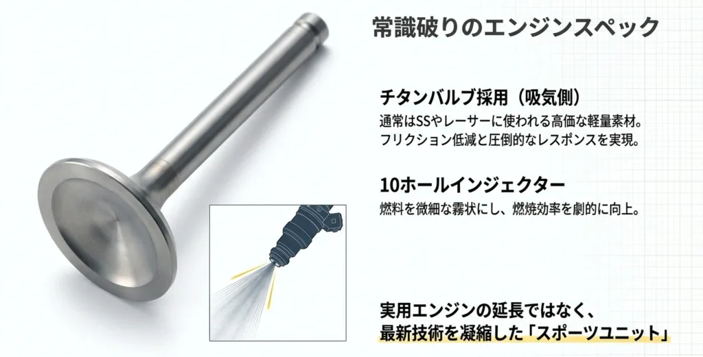 燃料を霧状にする10ホールインジェクターのイラストと、チタンバルブ採用によるレスポンス向上を説明するスライド。