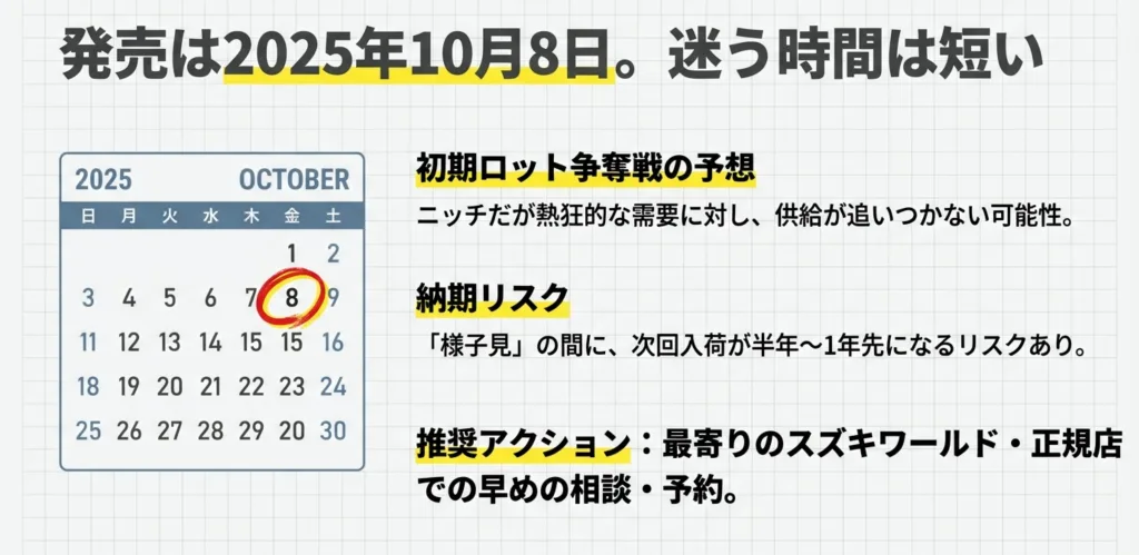 2025年10月のカレンダーと共に、初期ロット争奪戦の予想や納期リスク、早めの相談を推奨するアクションスライド。