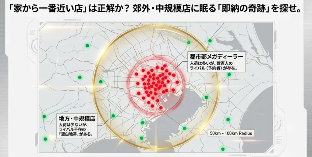 都市部メガディーラーと地方中規模店の入荷とライバル数の違いを示したマップ