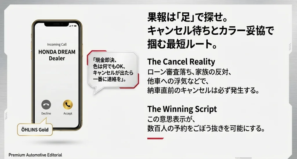 ホンダドリームへの電話で伝えるべき「現金即決・色指定なし」の会話例