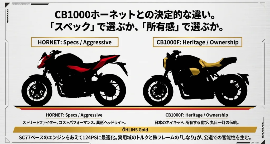 スペック重視のホーネットと所有感重視のCB1000Fを比較したシルエット画像