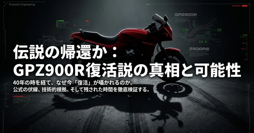 カワサキGPZ900R復活の真相と可能性について、公式の伏線や技術的根拠を検証するスライドの表紙