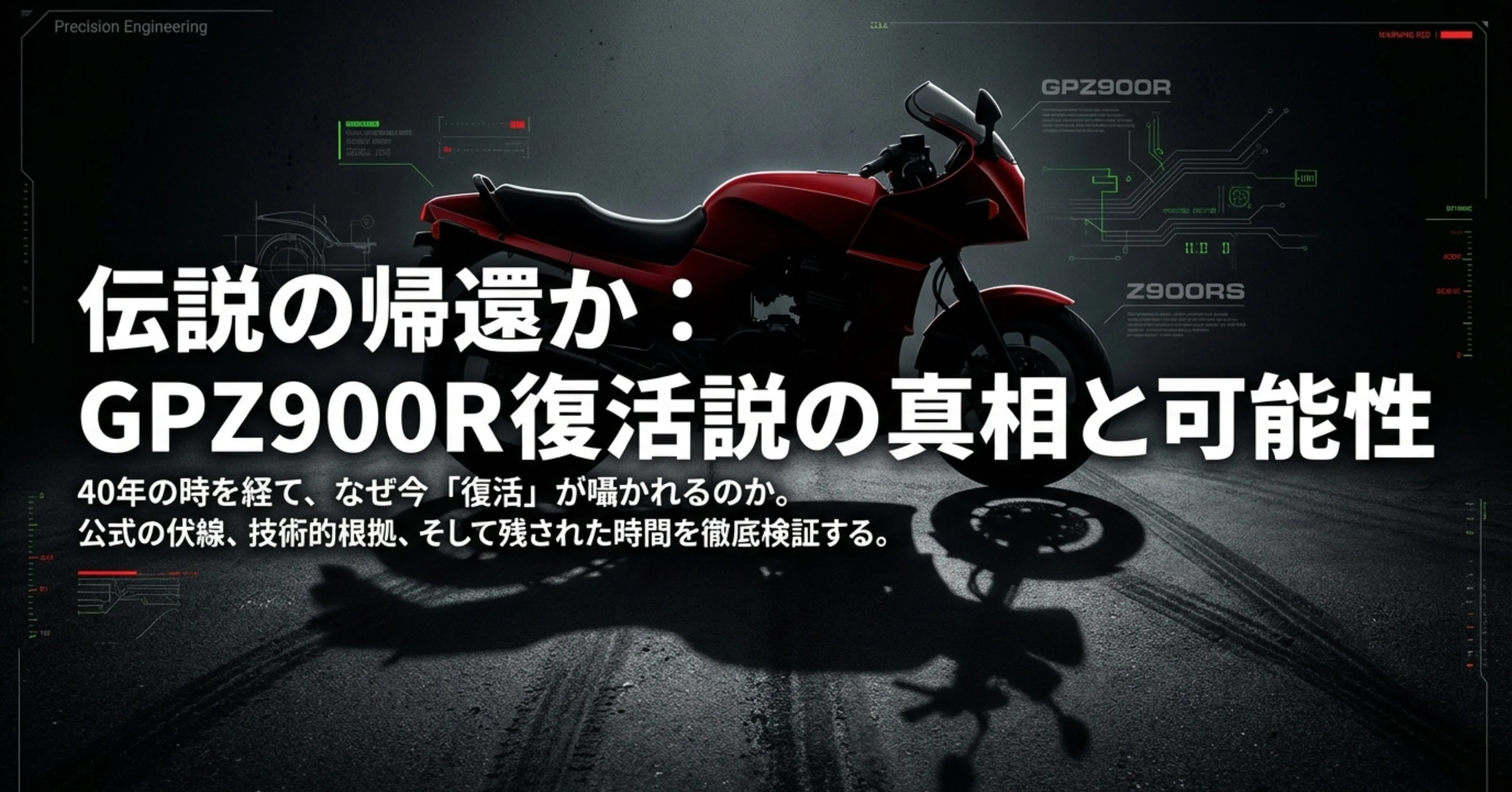 カワサキGPZ900R復活の真相と可能性について、公式の伏線や技術的根拠を検証するスライドの表紙