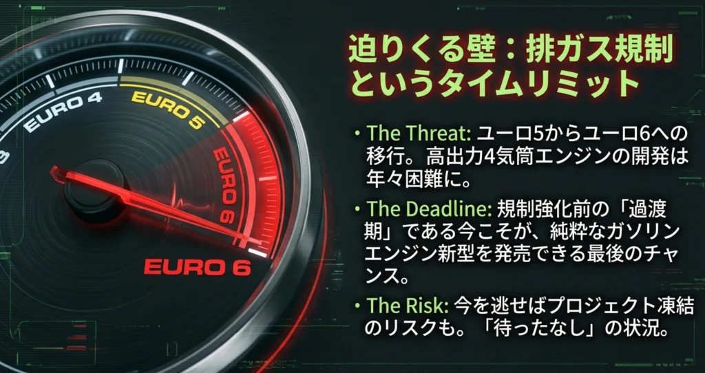 ユーロ5からユーロ6への移行が新型GPZ900R開発に与える影響と、残された最後のチャンスを解説するスライド