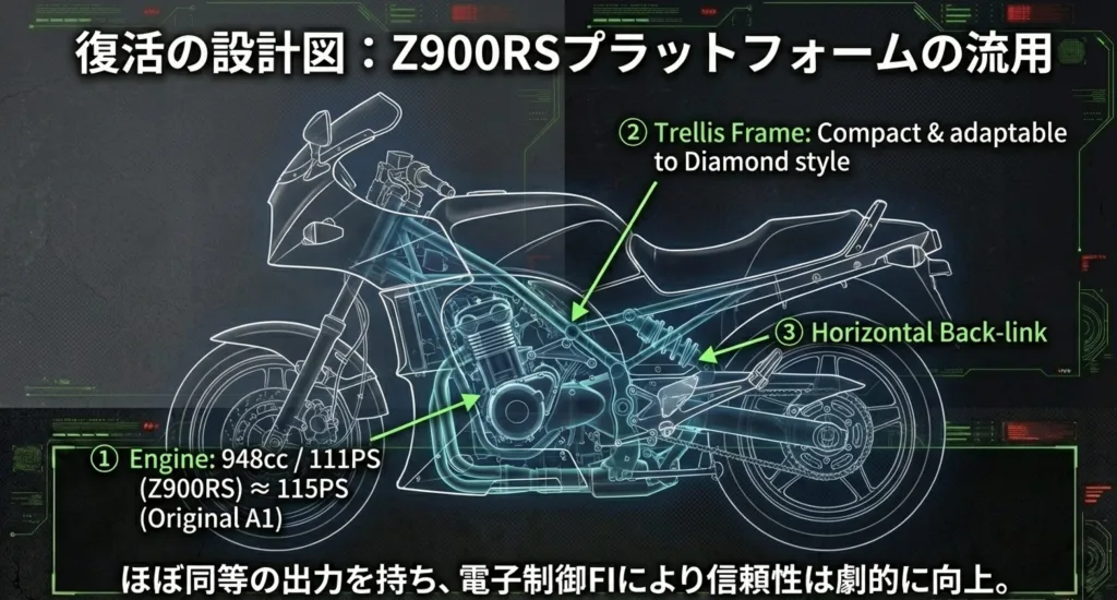 Z900RSの948ccエンジンとトレリスフレームを流用した新型GPZ900Rの技術的構成案を示すスライド