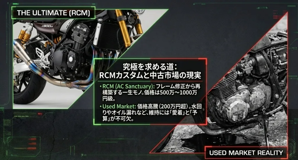 ACサンクチュアリのRCMカスタムの価格帯と、200万円を超える中古市場の高騰・維持リスクを解説するスライド