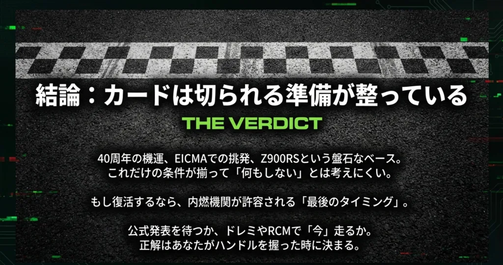 40周年の機運と盤石なベースモデルにより復活の条件が揃っていることを示す、記事の総括スライド