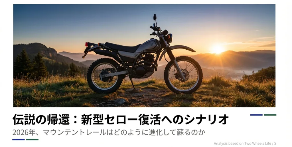 夕日をバックに佇むヤマハ・セローのシルエットと、2026年の復活を示唆するタイトル