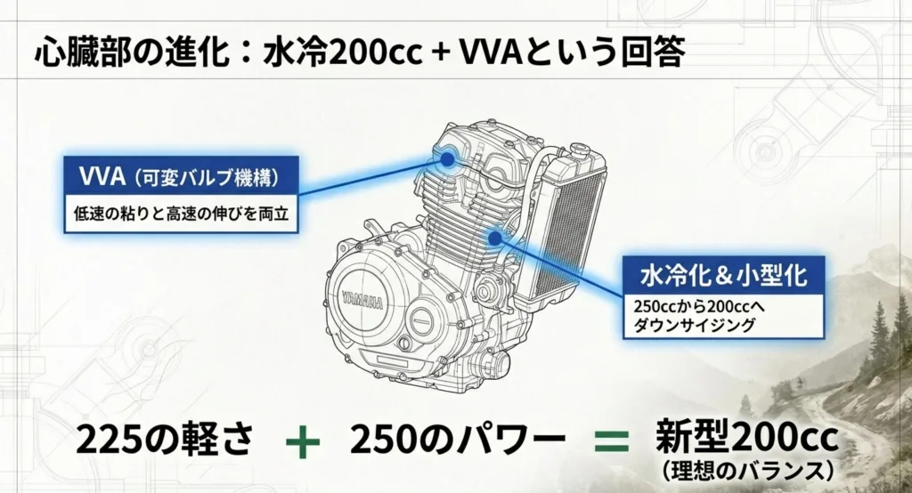 VVA（可変バルブ機構）を搭載し、ダウンサイジングによって軽量さとパワーを両立した新型水冷エンジンのイラスト