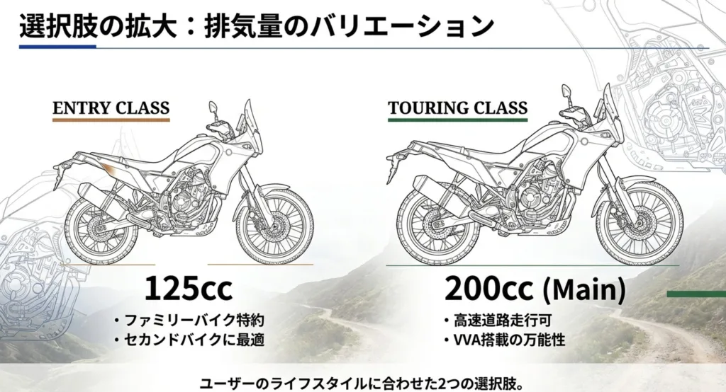 ファミリーバイク特約が使える125ccクラスと、高速道路走行可能な200ccクラスの2つの選択肢