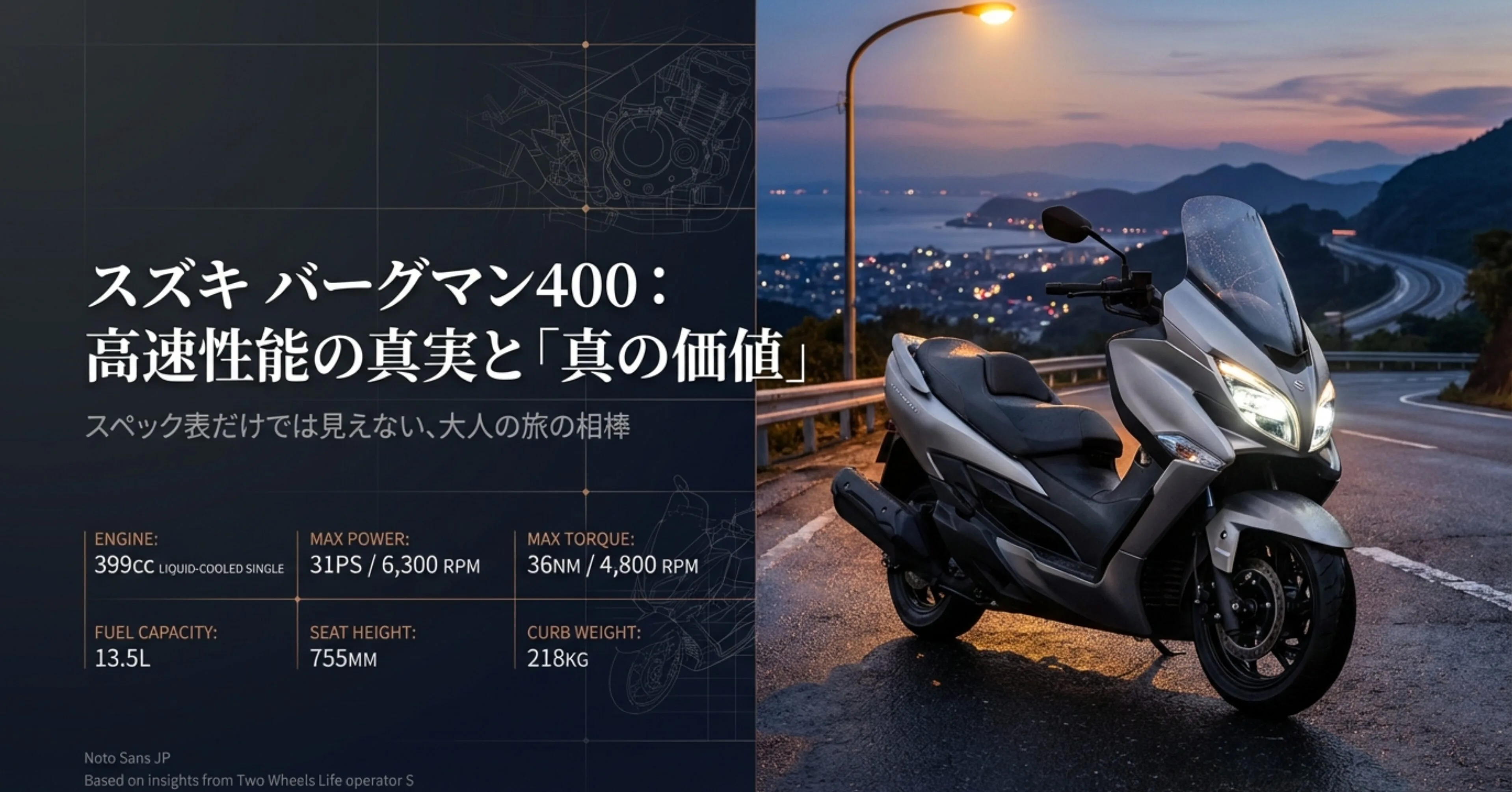 スズキ バーグマン400の主要諸元表。399ccエンジン、最高出力31PS、最大トルク36Nm、シート高755mmなどのスペックを記載。