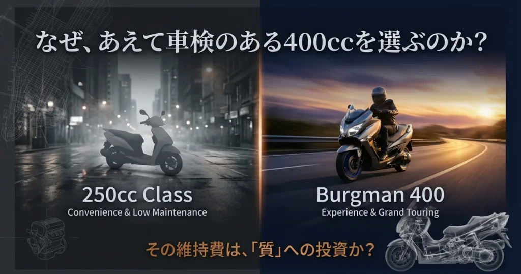 250ccクラスの利便性と、バーグマン400のグランドツーリング体験を比較したコンセプト図。