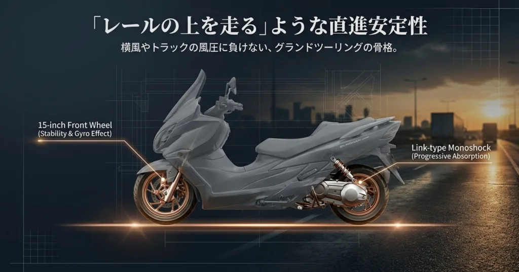 バーグマン400の透視図。15インチフロントホイールとリンク式モノショックの構造を解説。