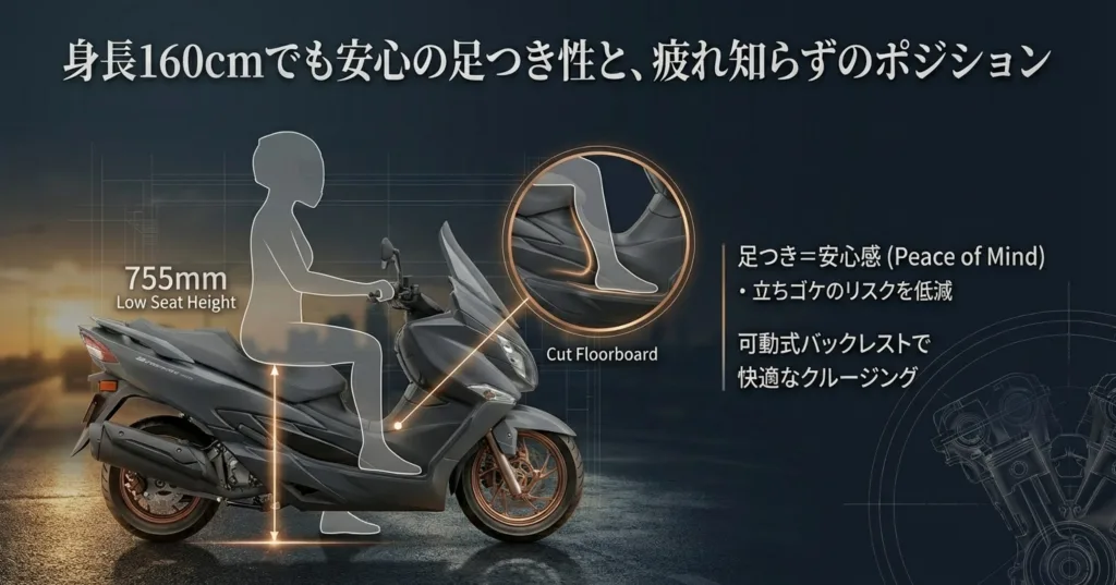 250ccクラスの利便性と、バーグマン400のグランドツーリング体験を比較したコンセプト図。