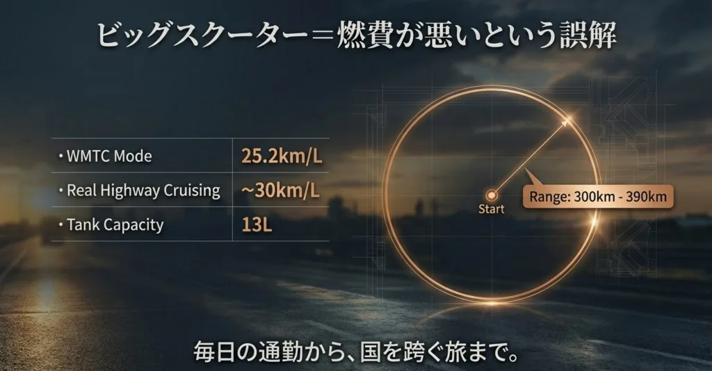 バーグマン400の燃費データ。WMTCモード25.2km/L、高速巡航約30km/L、航続距離300km〜390kmの数値を記載。