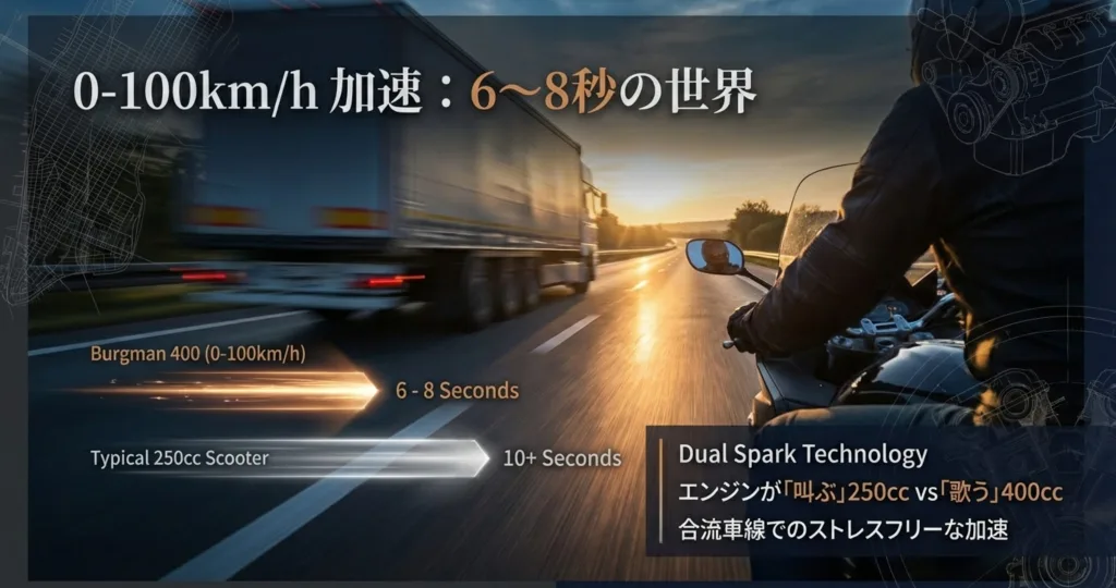 バーグマン400(6-8秒)と一般的な250ccスクーター(10秒以上)の0-100km/h加速タイムの比較グラフ