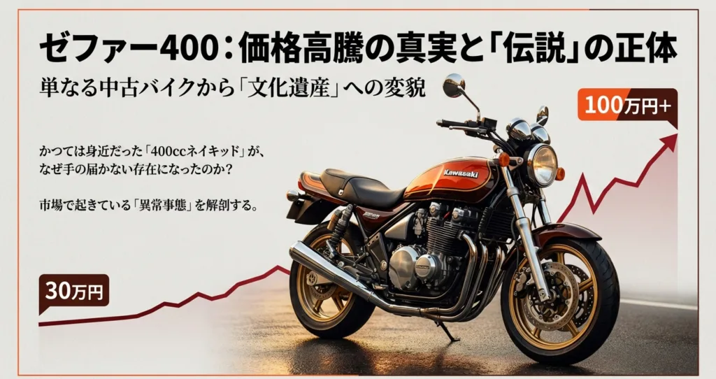 ゼファー400の価格高騰の真実と、かつては身近だったバイクが「文化遺産」へと変貌したことを伝えるプレゼンスライドの表紙 。