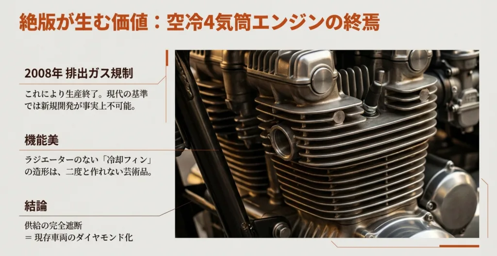 2008年の排出ガス規制による生産終了と、二度と作れない芸術品とされる空冷エンジンの冷却フィンの造形美を解説するスライド 。