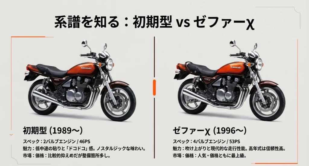 2バルブエンジンの初期型と、4バルブエンジンで高出力なゼファーχのスペック、魅力、市場価格の違いを比較したスライド 。