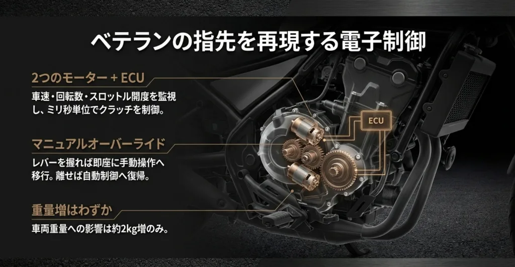 2つのモーターとECUが車速や回転数を監視してミリ秒単位で制御する仕組みや、手動操作に即座に切り替えられるマニュアルオーバーライド機能、重量増が約2kgであることを示す解説スライド。