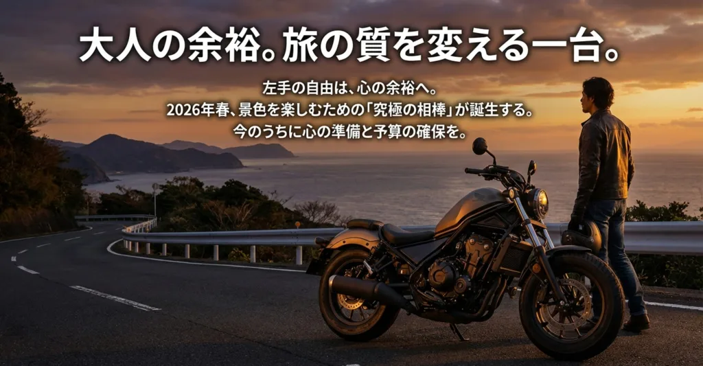 「大人の余裕。旅の質を変える一台。」というメッセージと共に、2026年春の誕生に向けて予算確保を促す、旅の景色を背景にしたまとめのスライド。