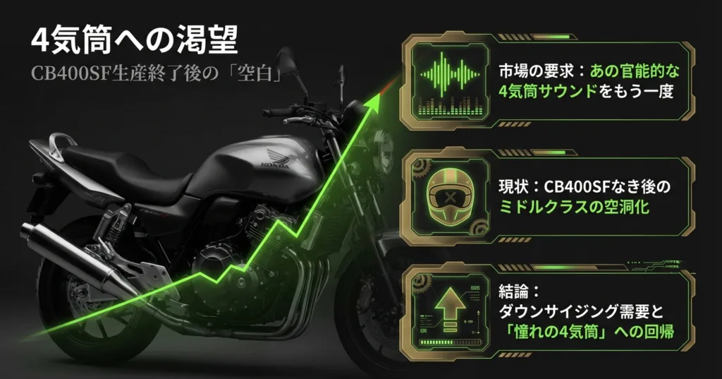 CB400SF生産終了後の市場の空白と、ダウンサイジング需要による「憧れの4気筒」への回帰を分析したスライド。