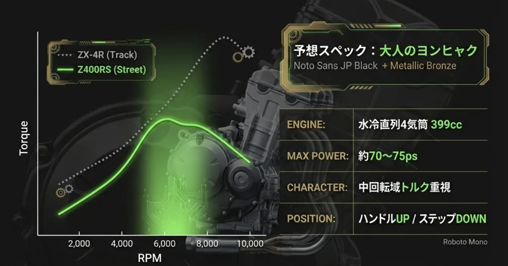 Z400RSとZX-4Rの出力・トルク特性の比較グラフと、70〜75馬力の最高出力、ポジションの変更点などをまとめたスペック表スライド。