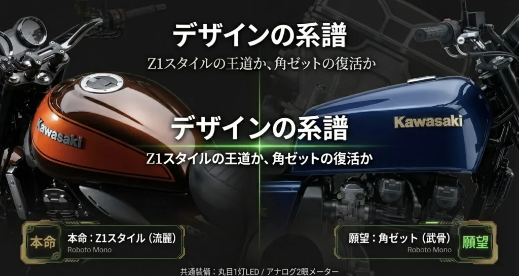 丸目1灯のZ1スタイルと、武骨なZ400FX（角ゼット）スタイルの2つのデザイン案を比較提示したスライド。