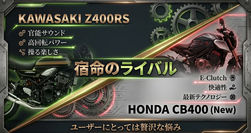 カワサキの高回転パワー・官能サウンドと、ホンダのE-Clutch・快適性を対比させた、宿命のライバル車比較スライド。